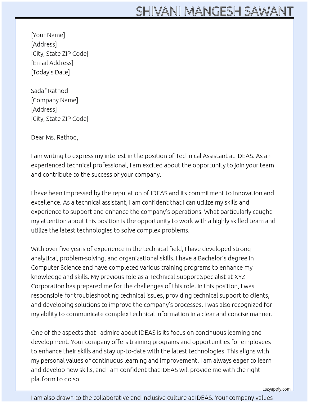 Technical Assistant At IDEAS Cover Letter