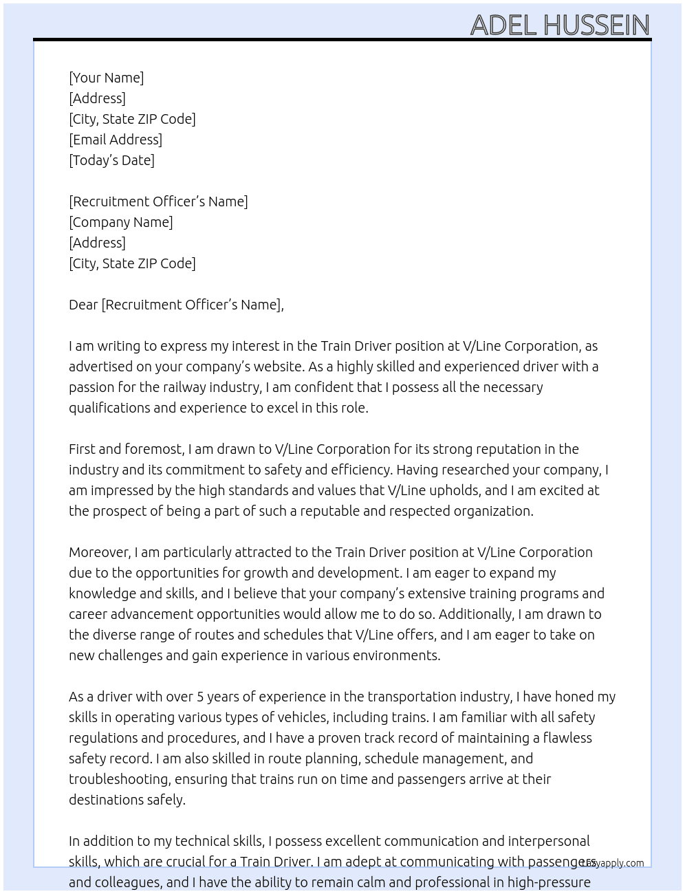Train Driver At V/Line Corporation Cover Letter