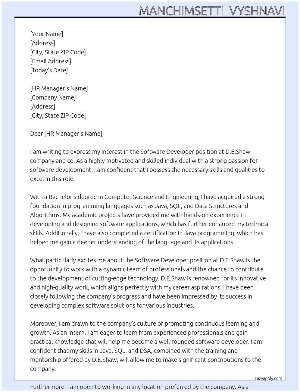 software Developer At D.E.Shaw company and co Cover Letter