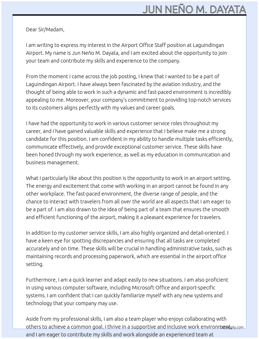 Airport office staff  At Laguindingan airport  Cover Letter
