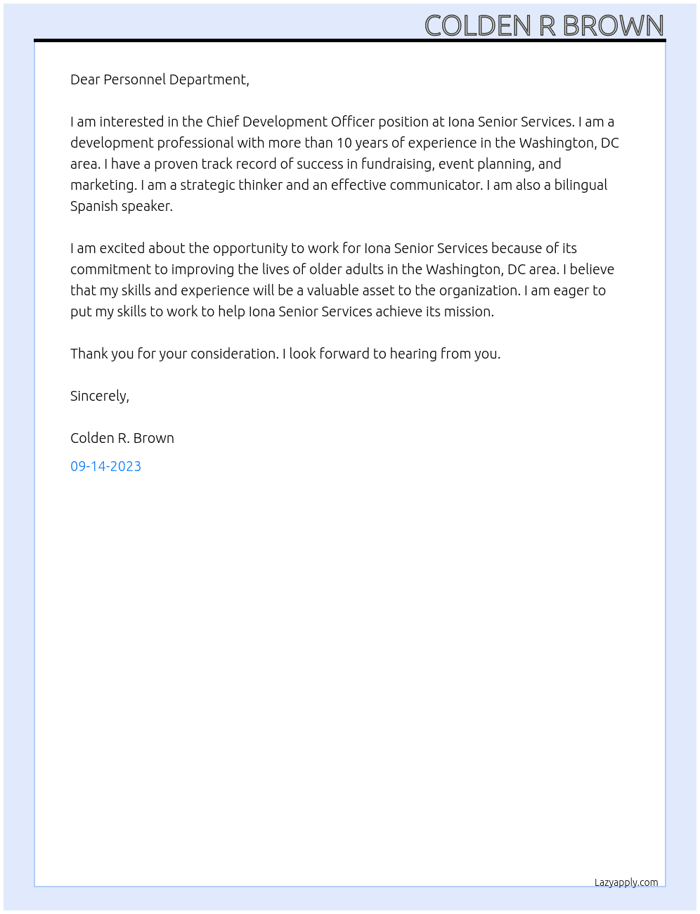 Chief Development Officer  At Iona Senior Services - Washington, DC 20016 Cover Letter
