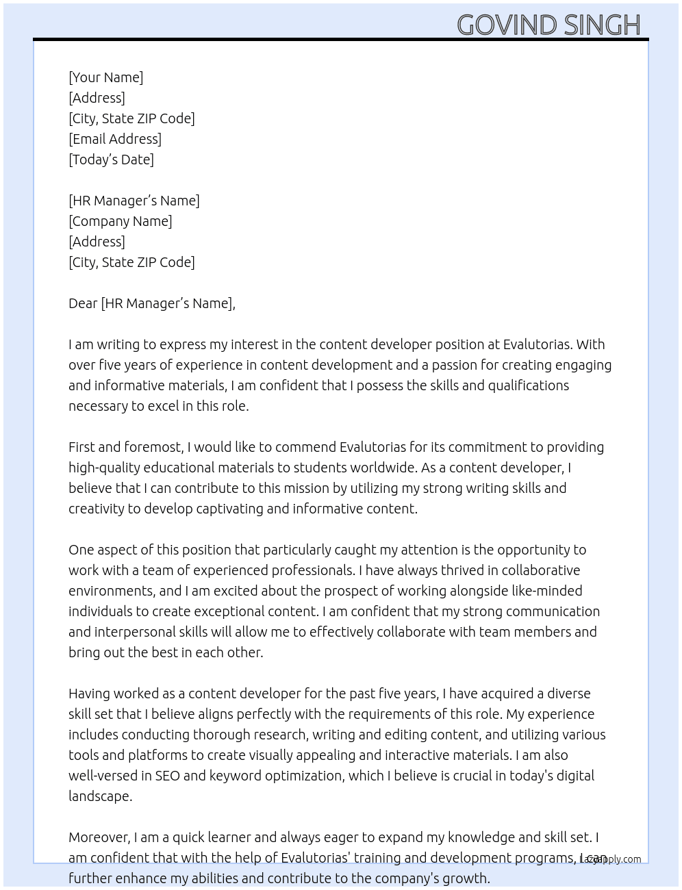 Content developer  At Evalutorias Cover Letter