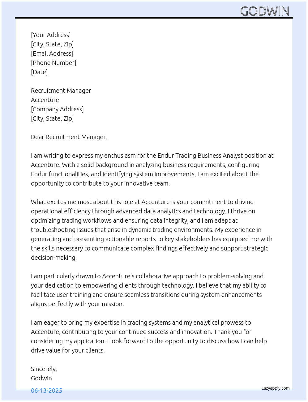 Endur Trading Business Analyst At Accenture Cover Letter