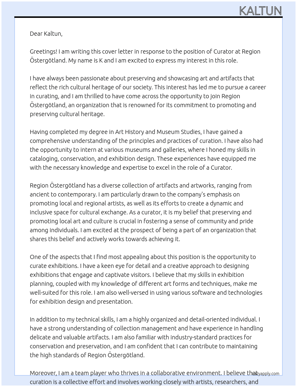 Curator  At Region Östergötland  Cover Letter