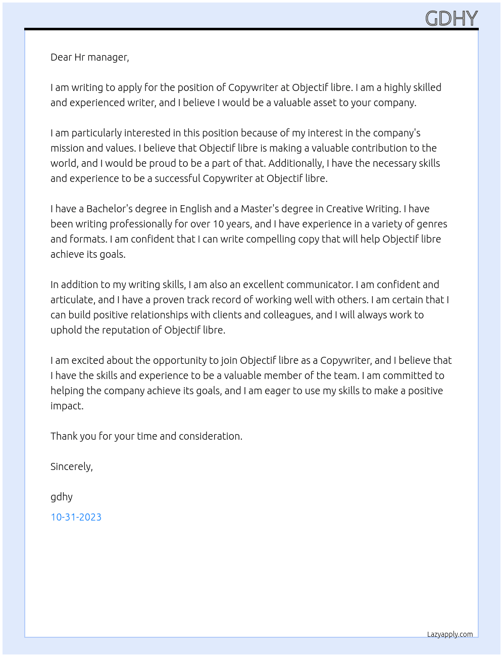 Copywriter At Objectif libre Cover Letter