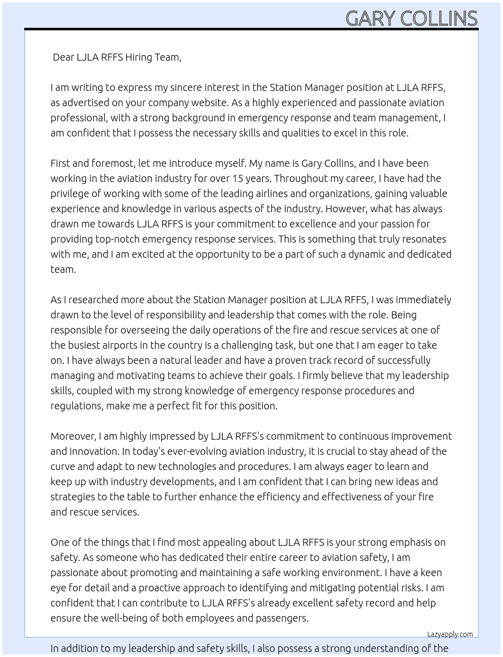 station manager At LJLA RFFS Cover Letter