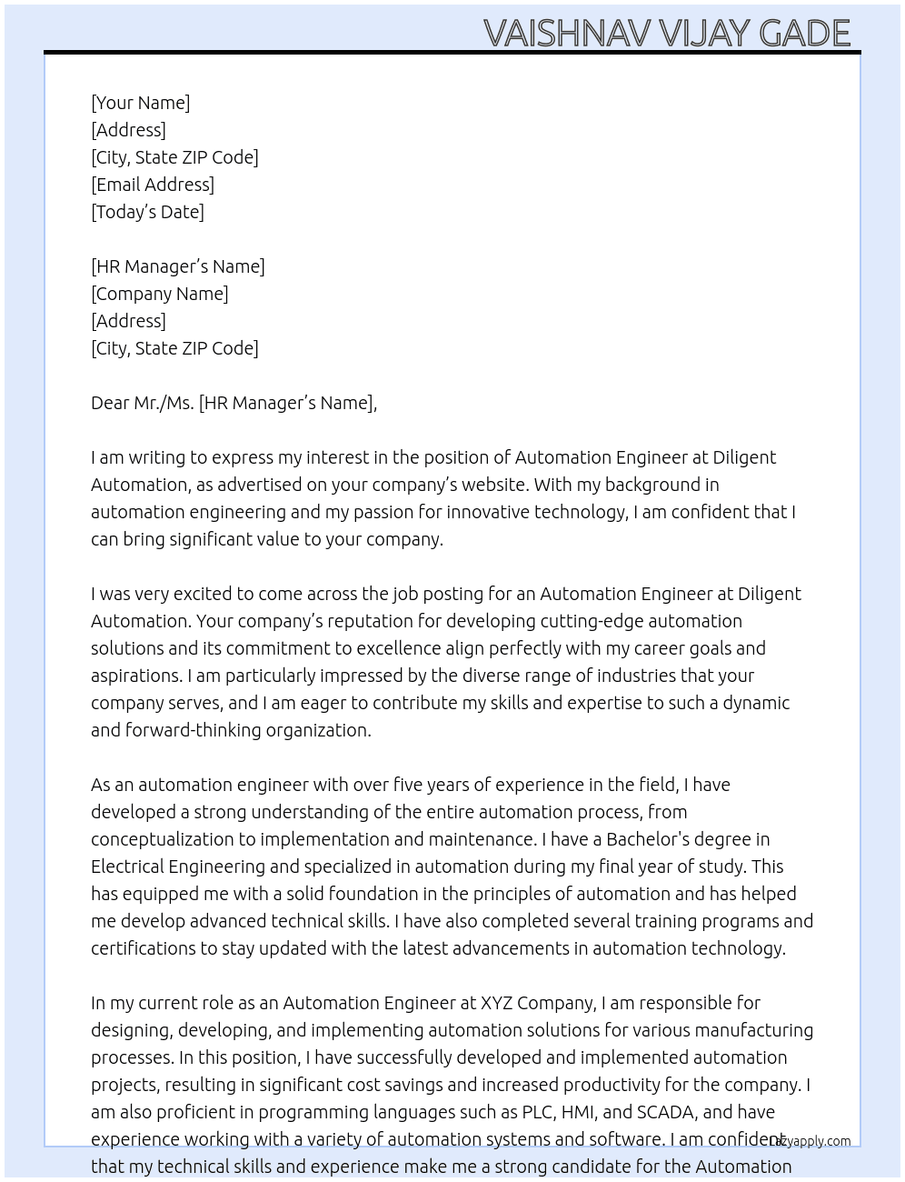 Automation engineer  At Diligent automation  Cover Letter