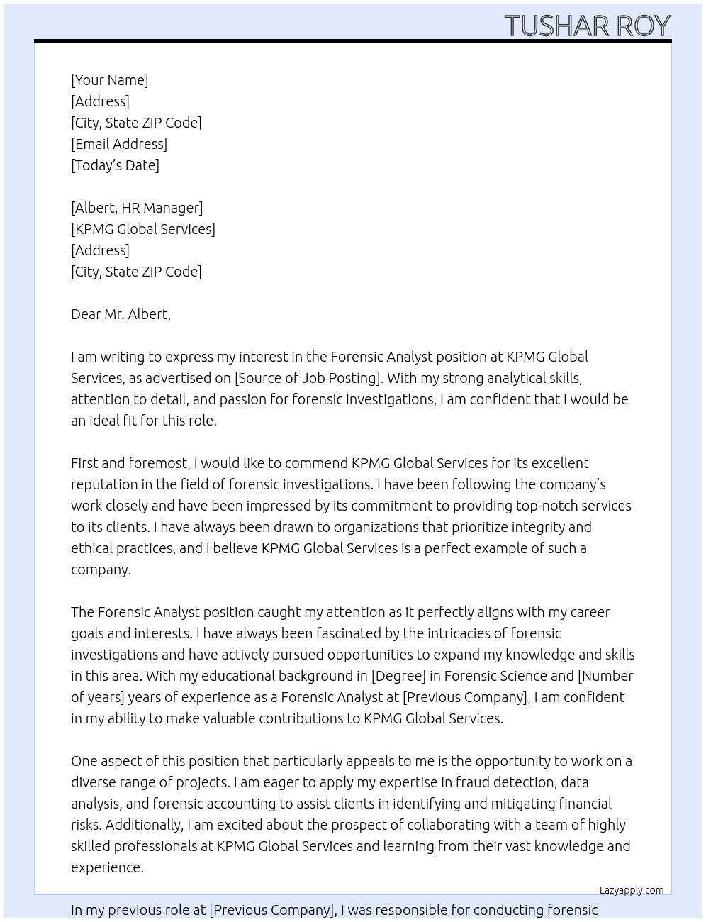 Forensic Analyst At KPMG Global Services Cover Letter