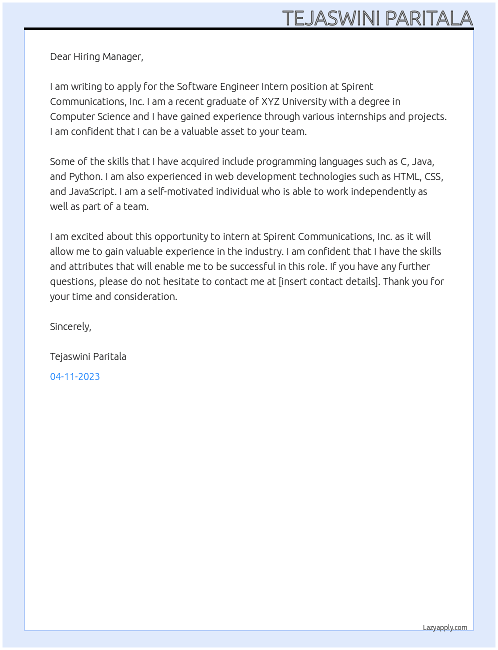 Software engineer intern At Spirent Communications, Inc. Cover Letter