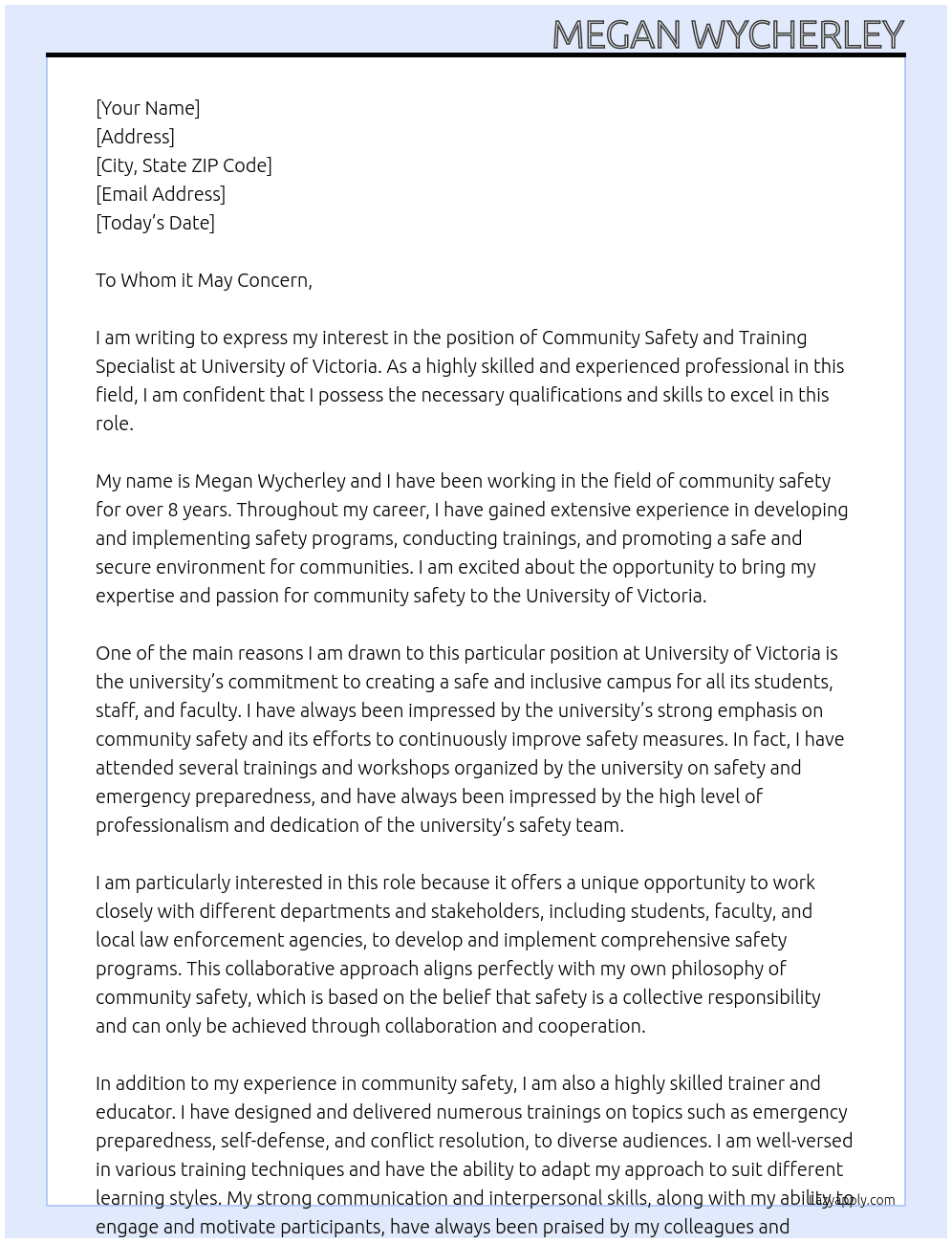 Community Safety and Training Specialist At University of Victoria Cover Letter