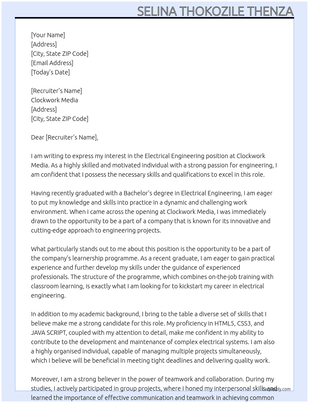 Electrical engineering At Clockwork media Cover Letter