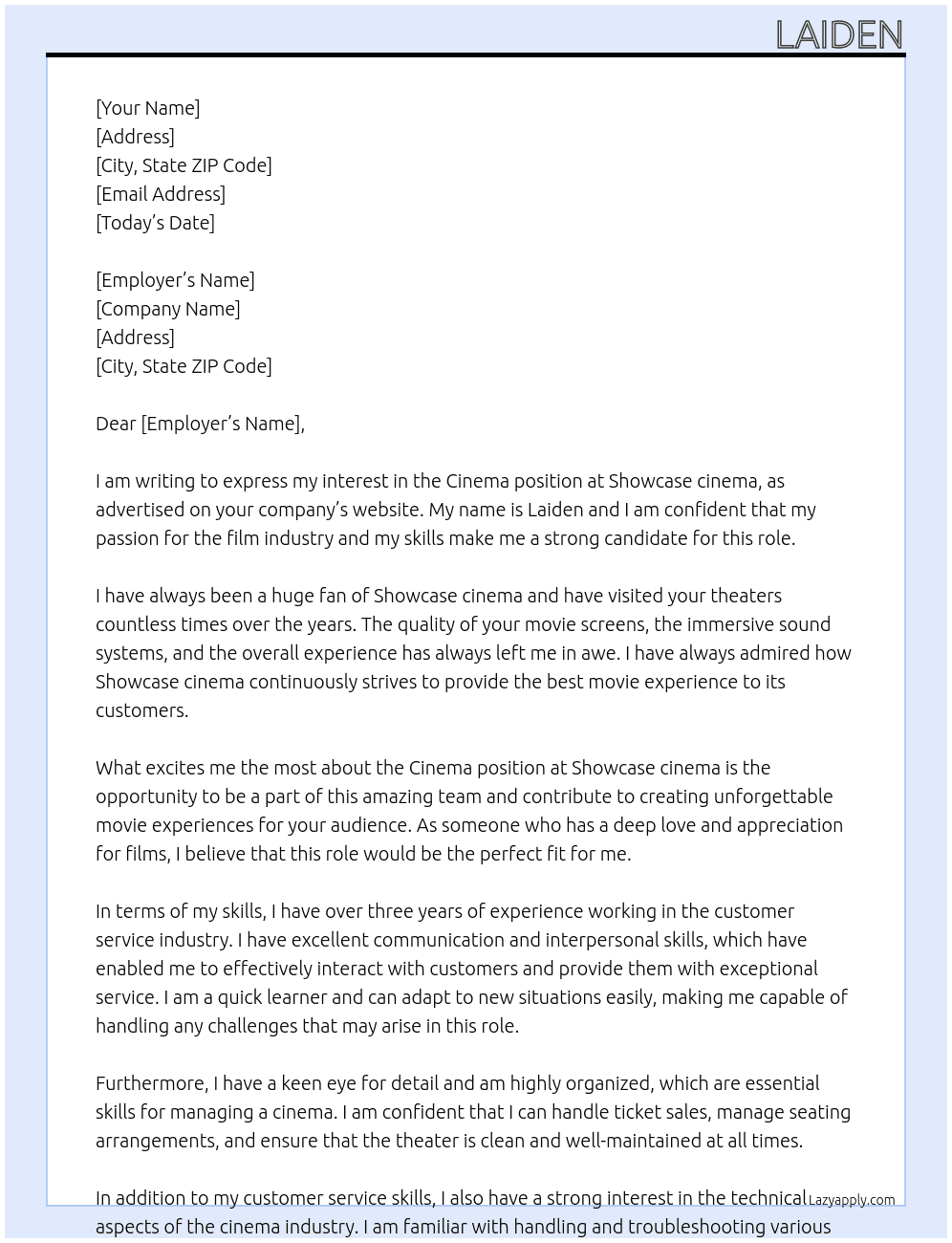 Cinema  At Showcase cinema Cover Letter