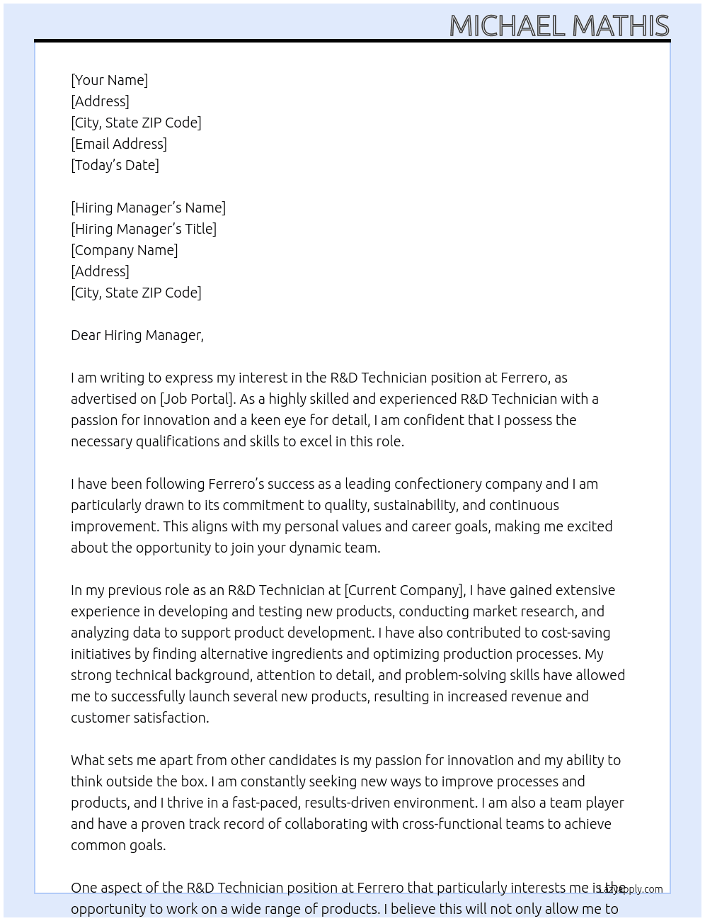 R&D Technician At Ferrero Cover Letter