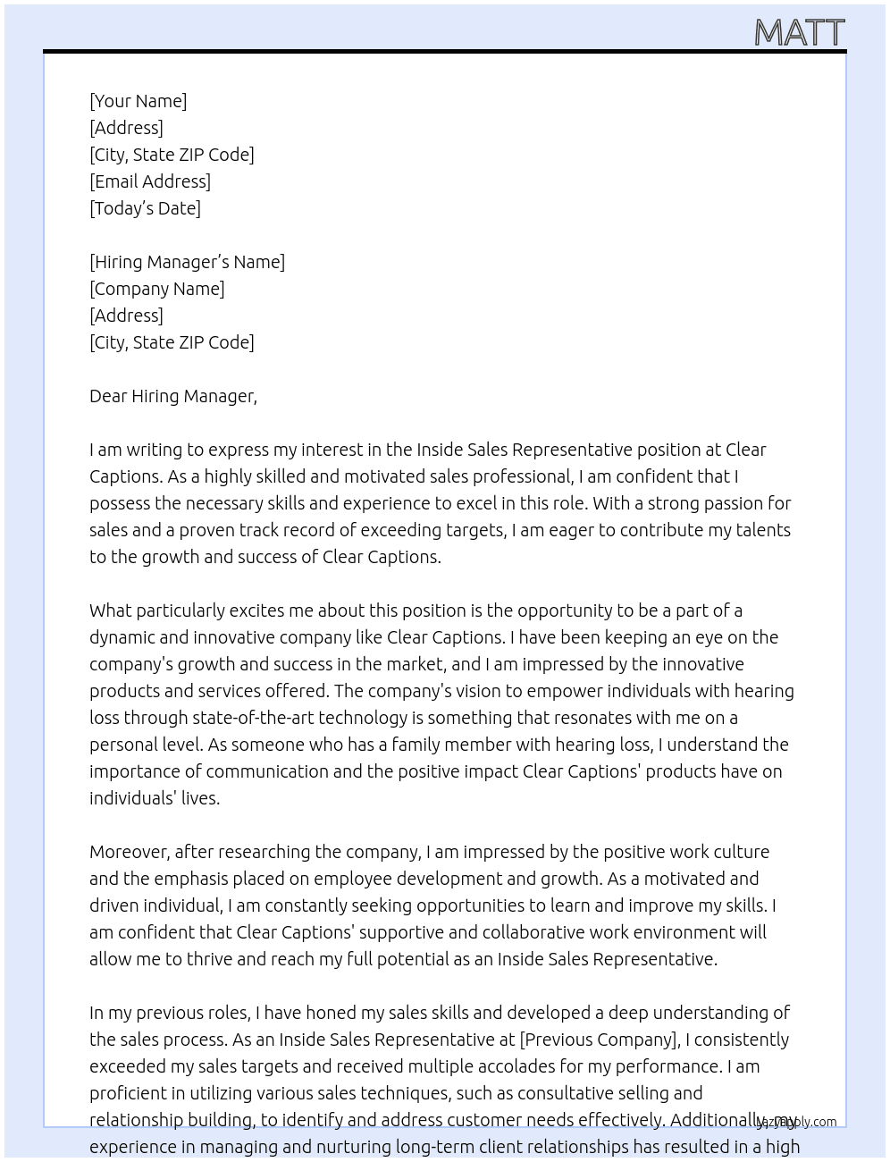 Inside Sales Representative At Clear Captions Cover Letter