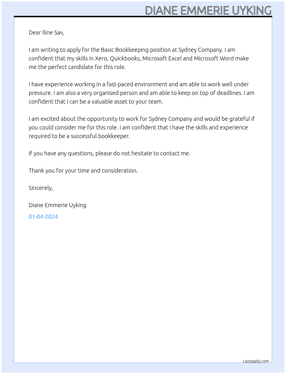 Basic Bookkeeping At Sydney Company Cover Letter
