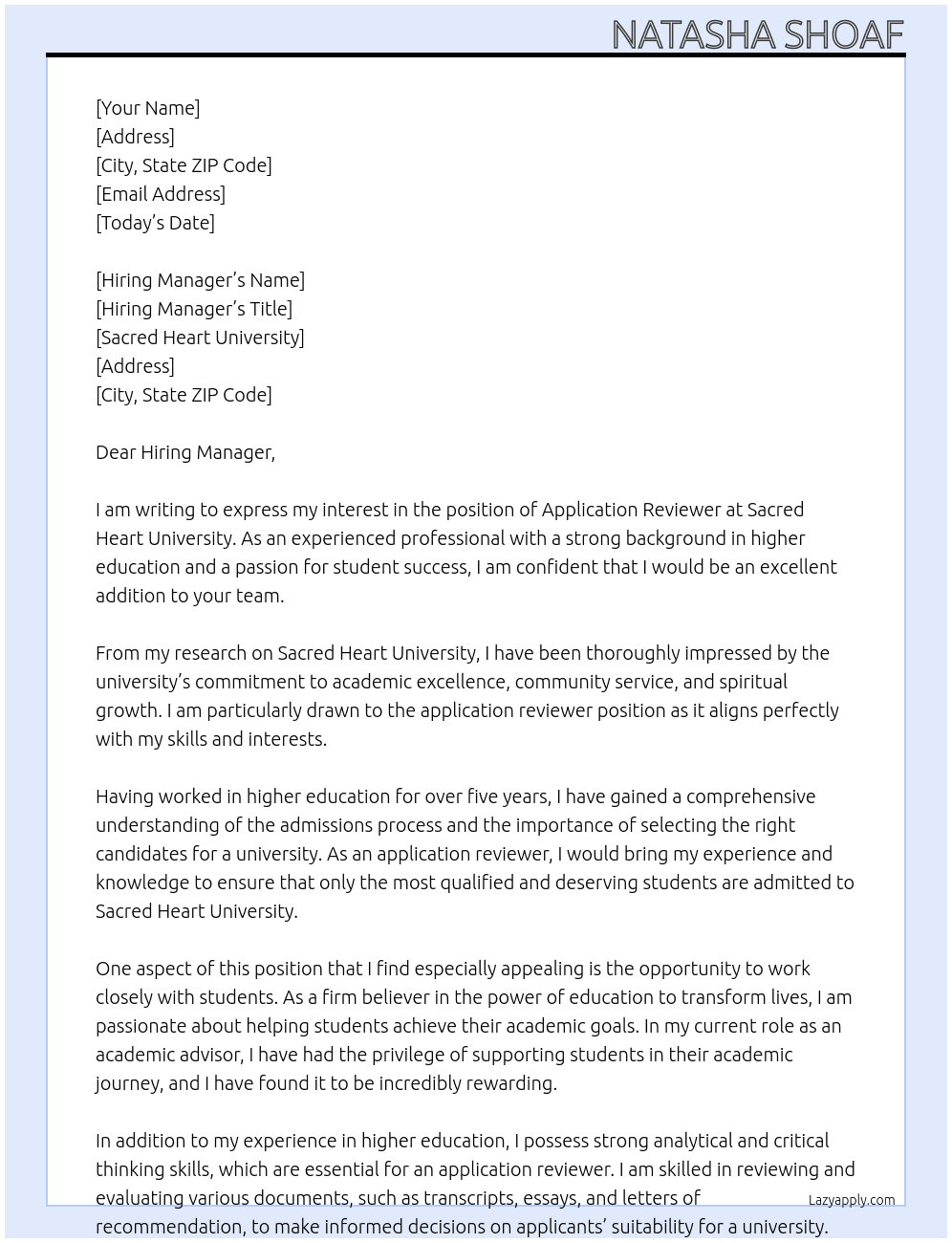appication reviewer At sacred heart university Cover Letter