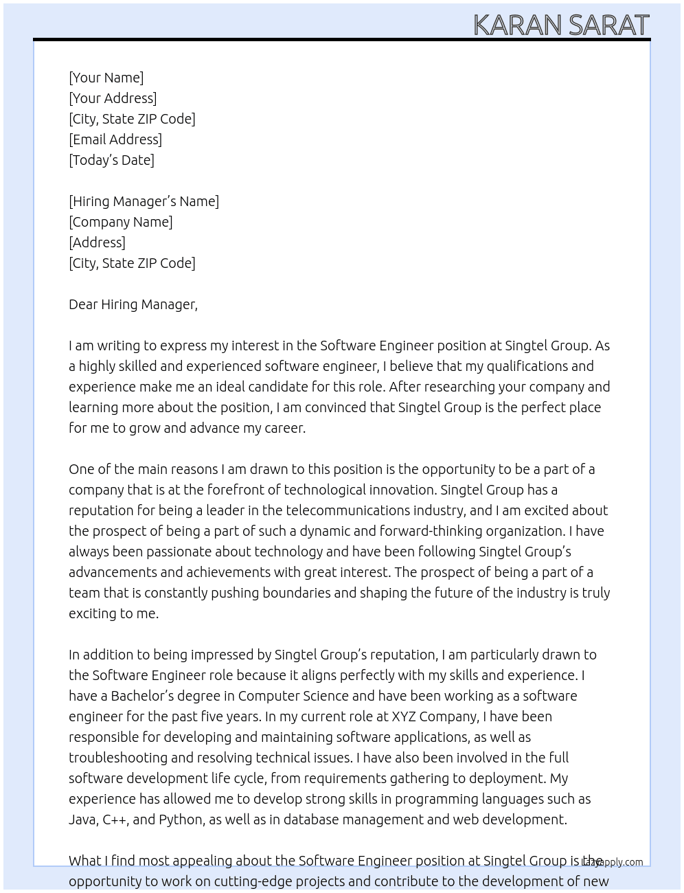 Software Engineer At Singtel Group Cover Letter