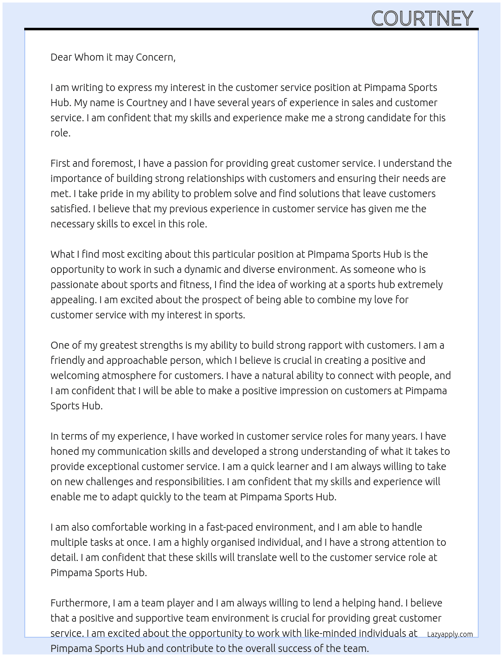Customer service  At Pimpama Sports Hub Cover Letter