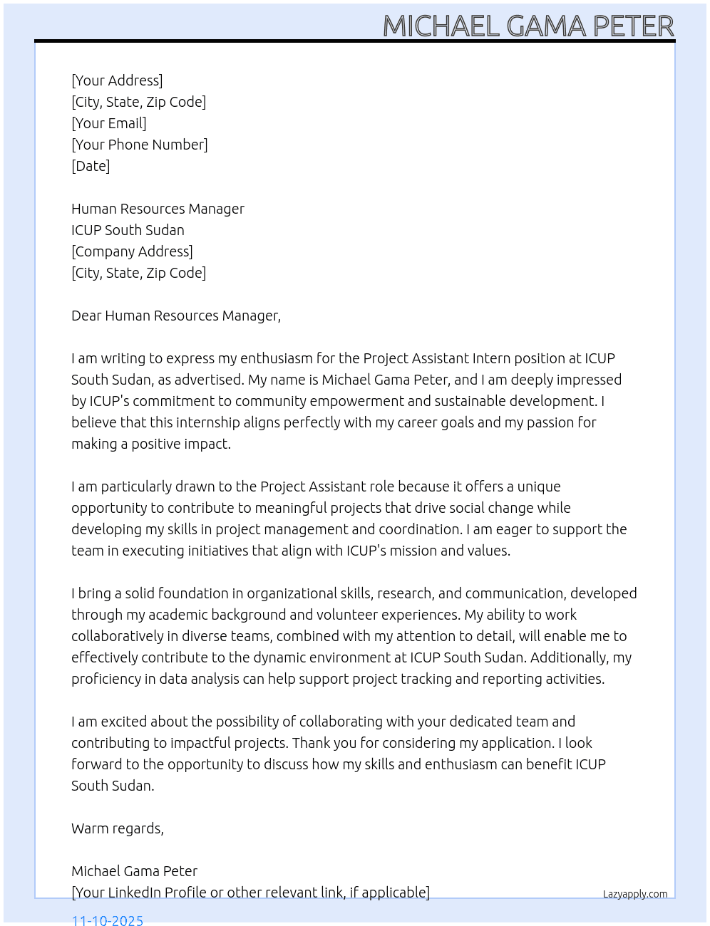 Cover letter for project assistant intern - LazyApply