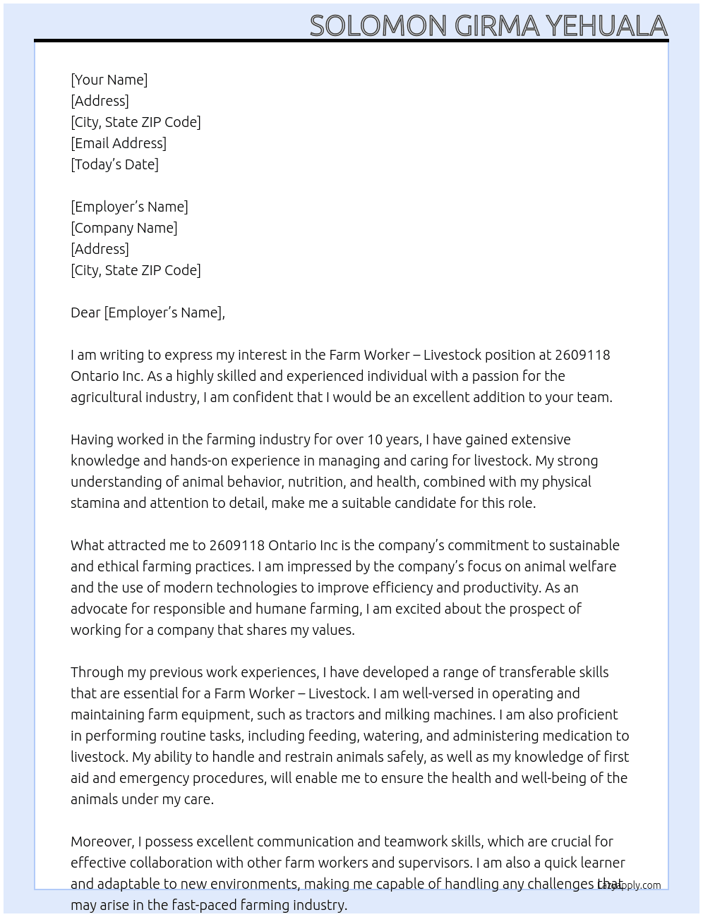 Farm worker - livestock At 2609118 Ontario Inc Cover Letter