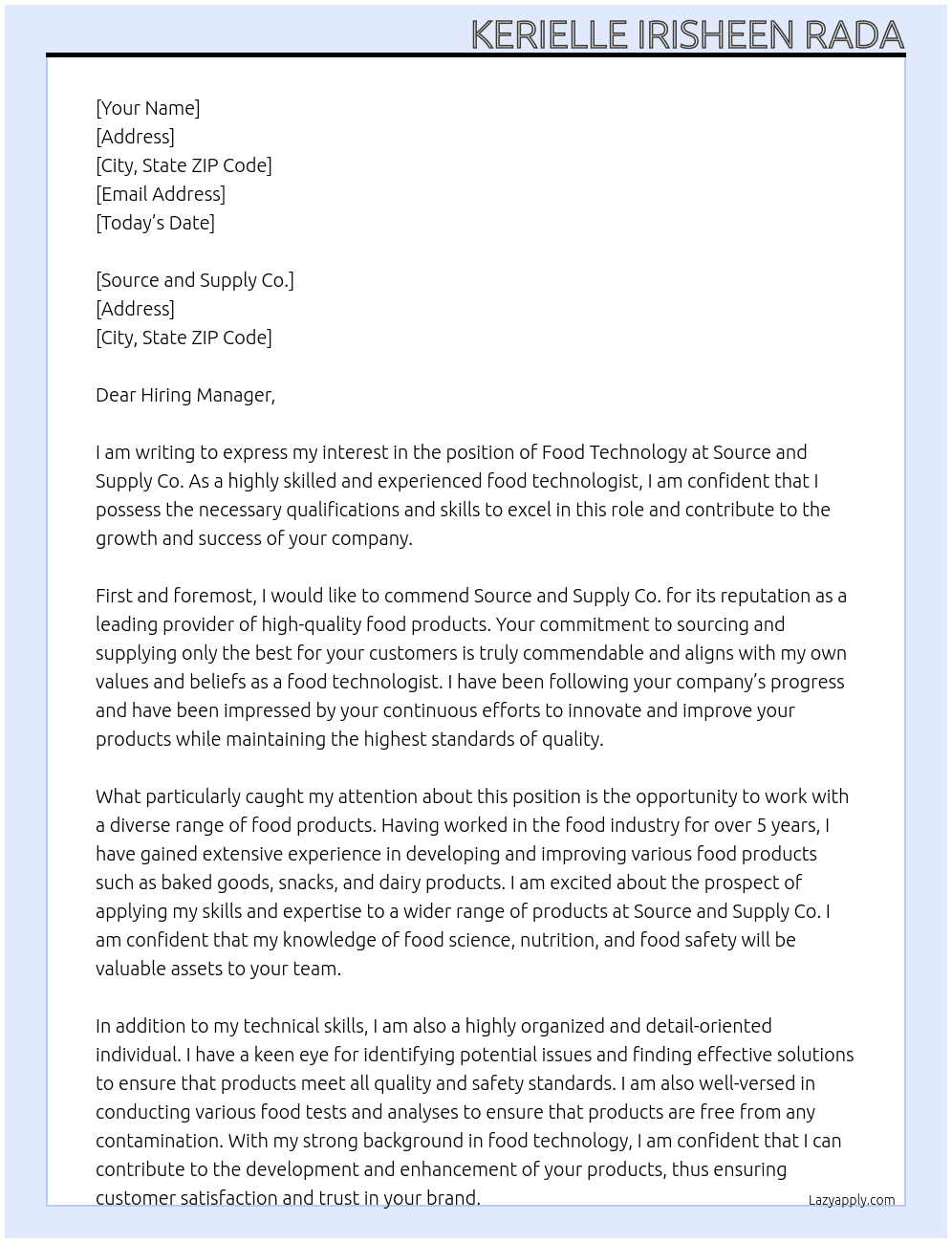 FOOD TECHNOLOGY At SOURCE AND SUPPLY CO Cover Letter