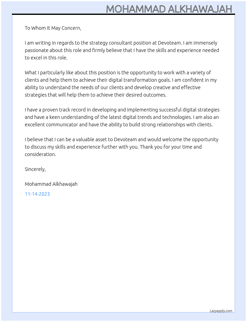 startegy consultant  At Devoteam  Cover Letter