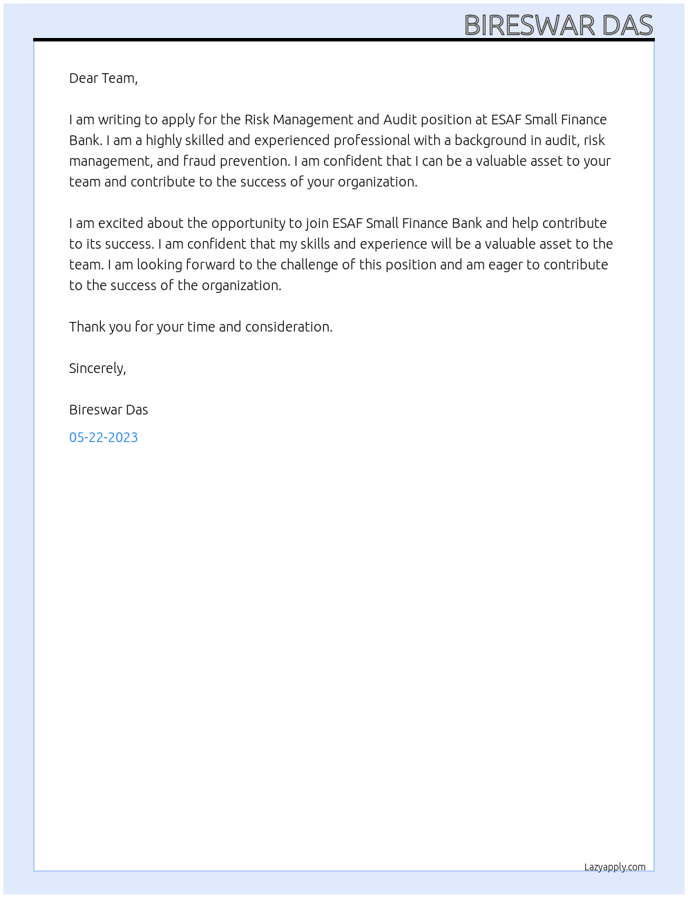 Risk Management and Audit At ESAF Small Finance Bank  Cover Letter