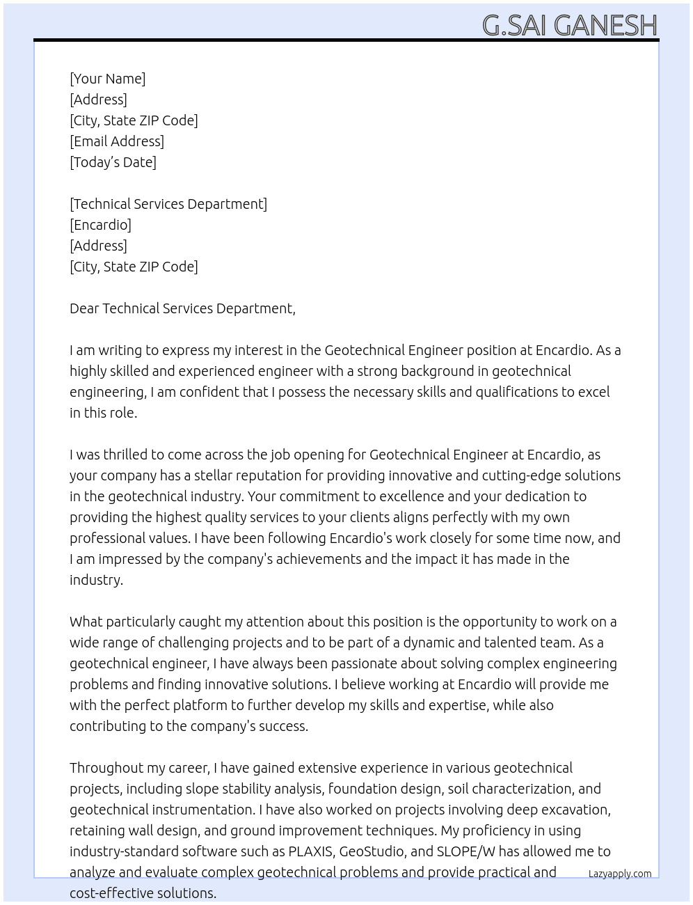 Geotechnical engineer At Encardio Cover Letter