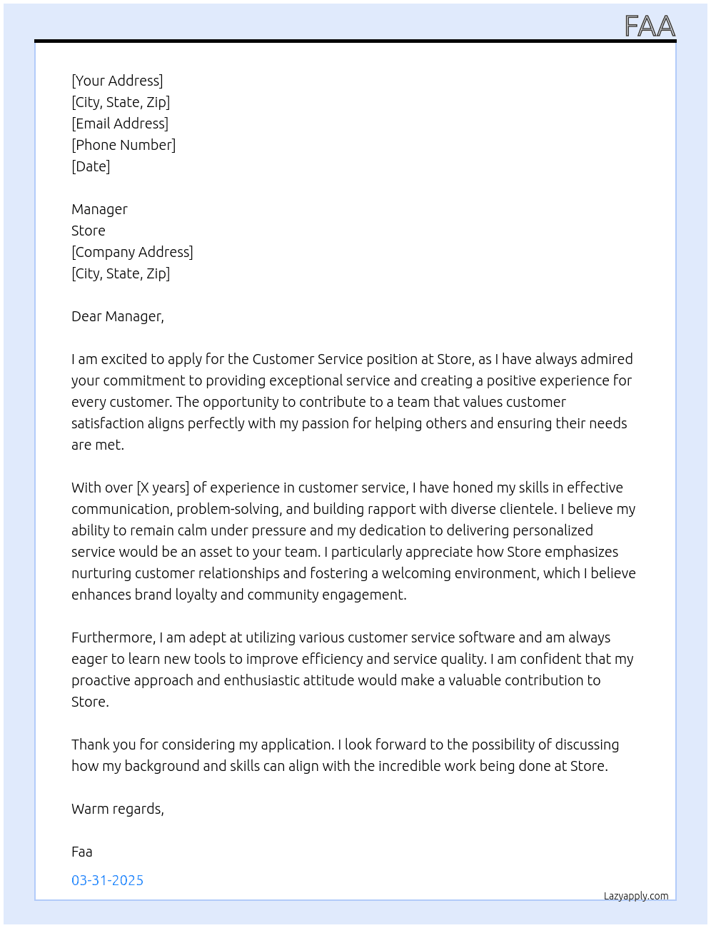 Customer service At Store Cover Letter