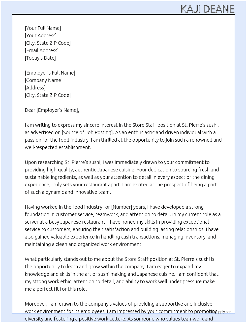 Store Staff  At St. Pierre's sushi Cover Letter