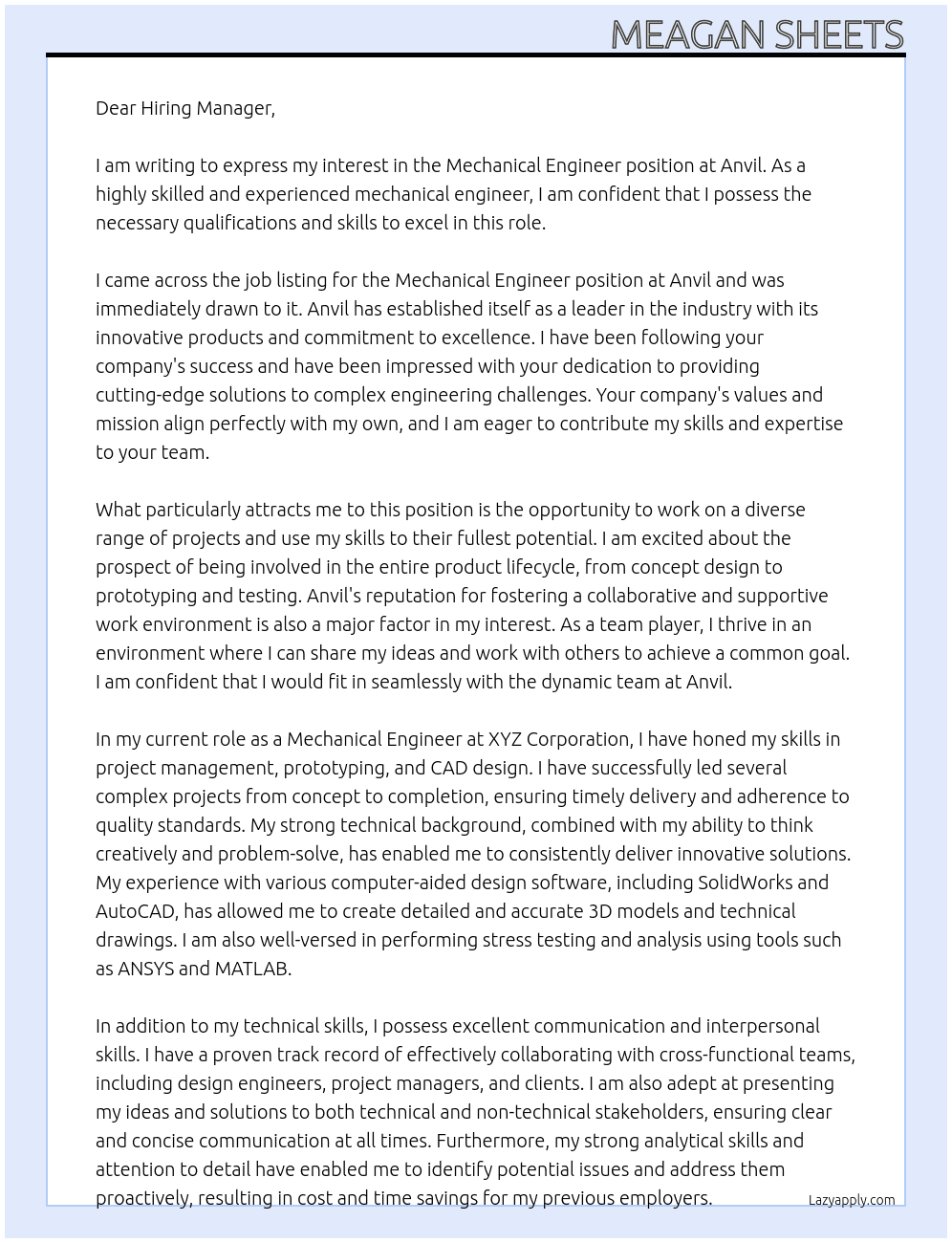 Mechanical Engineer At Anvil Cover Letter