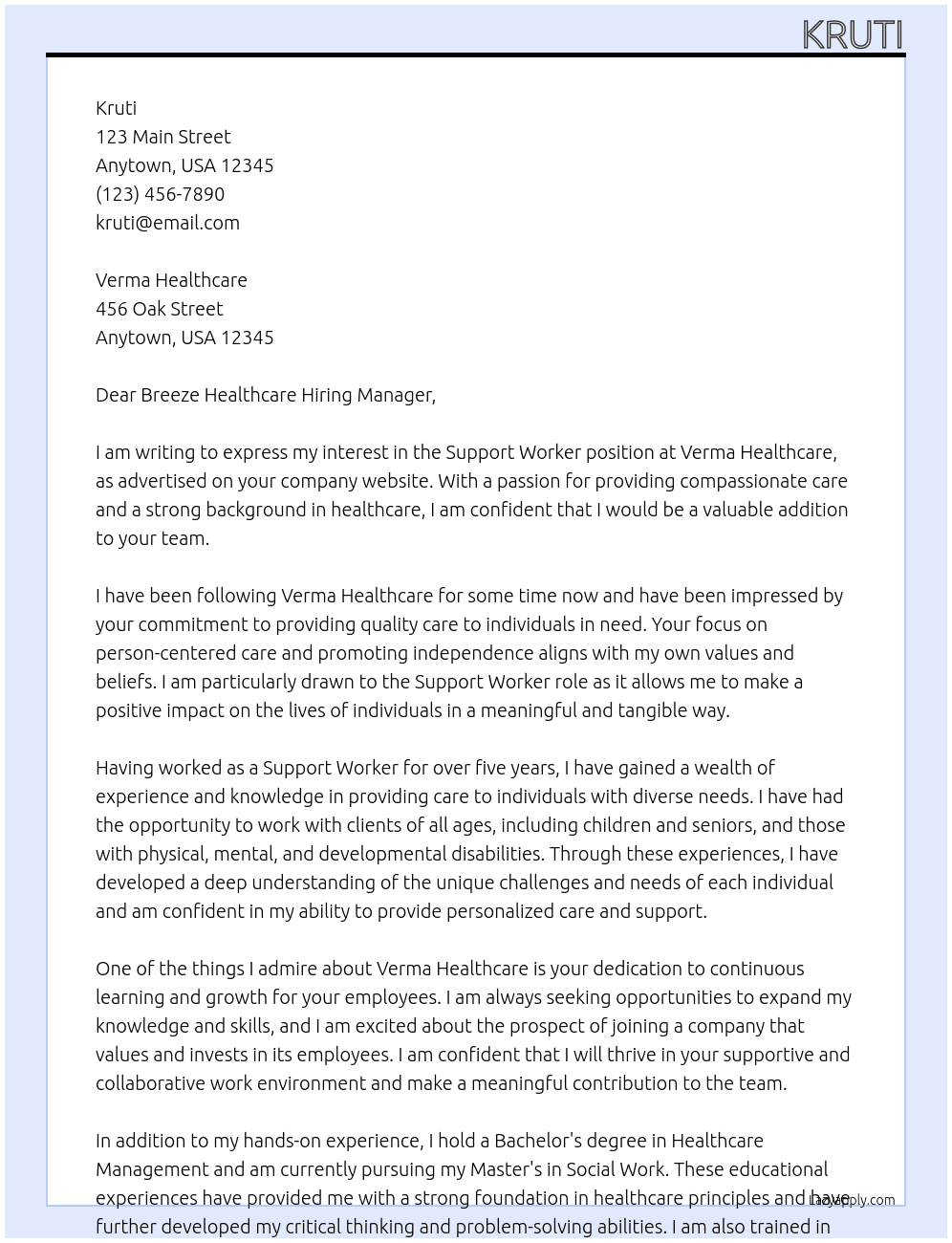 support worker At Verma Cover Letter