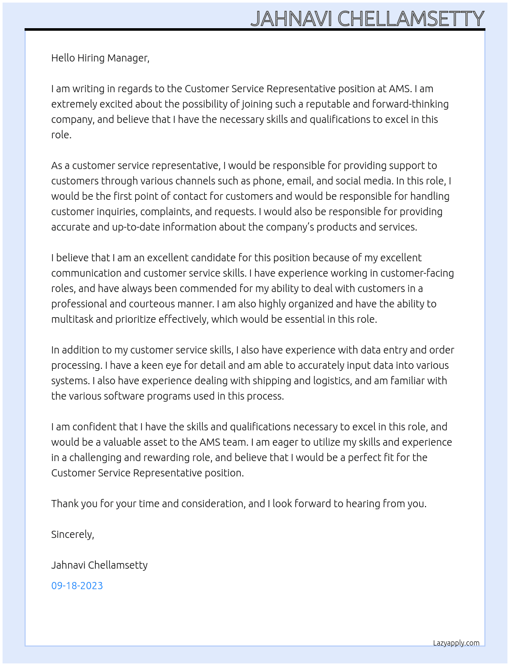 Customer Service Representative At AMS Cover Letter