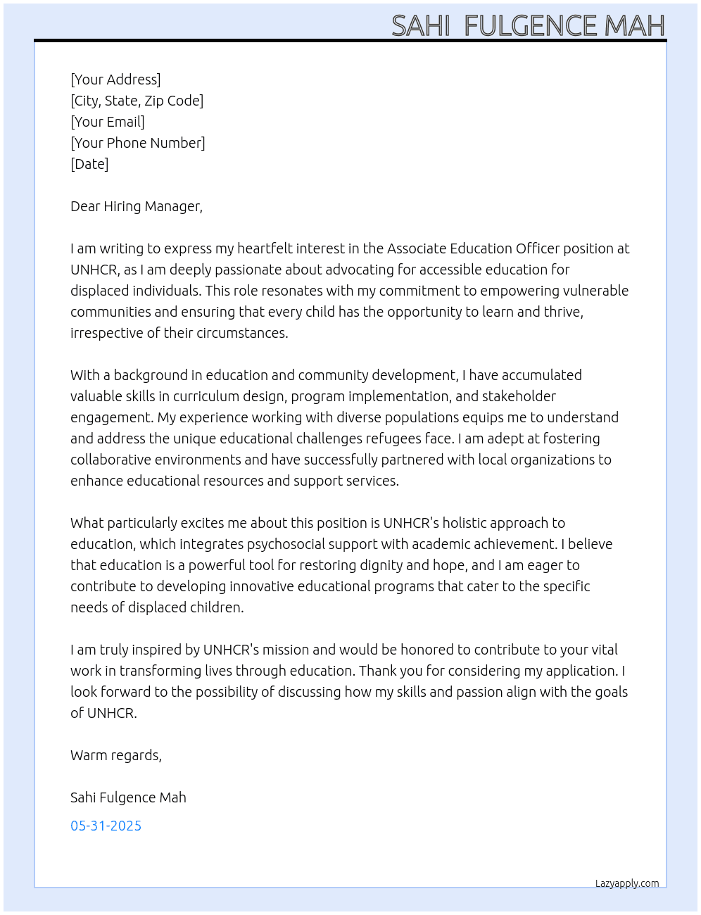 Cover letter for associate education officer - LazyApply