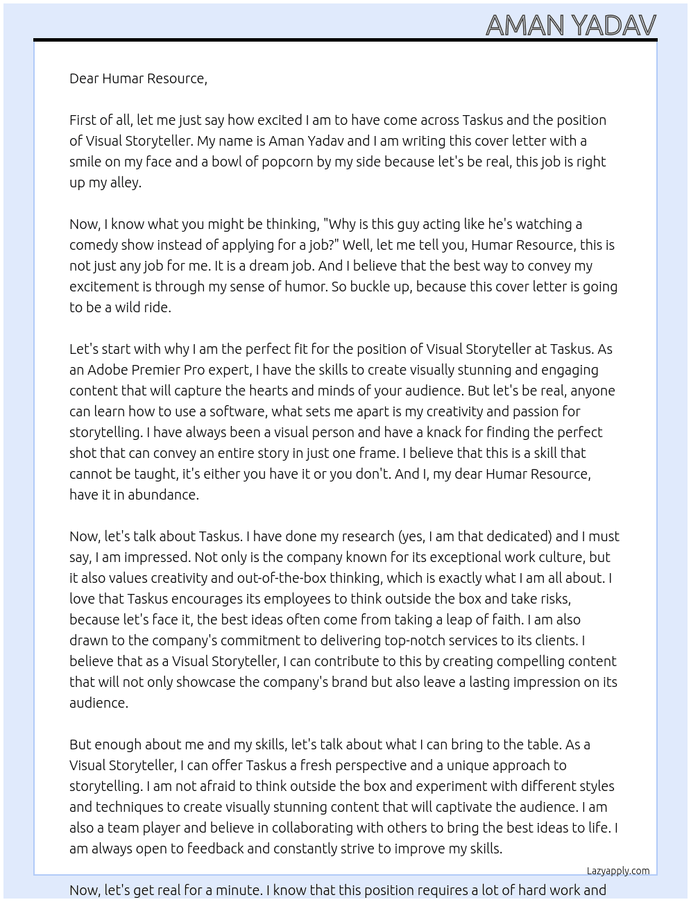 Visual storyteller  At Taskus Cover Letter
