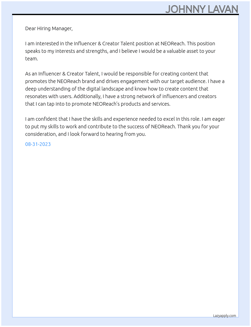 Influencer & Creator Talent At NEOReach Cover Letter