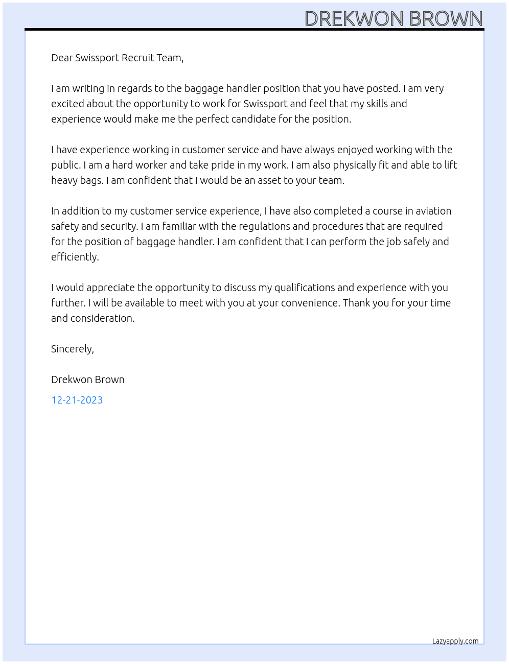 baggage handler  At Swissport Cover Letter