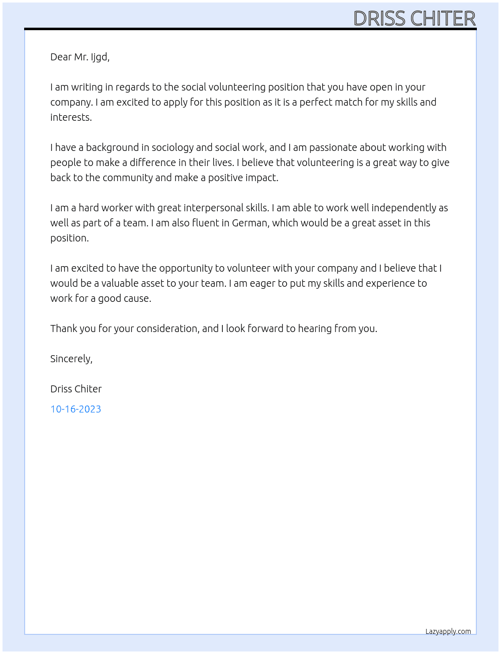 Social volunteering  At Germany  Cover Letter