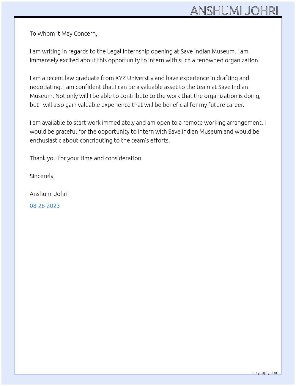 Legal Internship  At Save Indian Museum  Cover Letter
