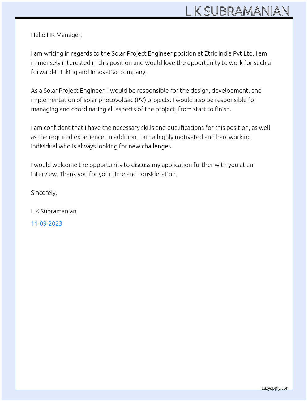 Solar Project Engineer  At Ztric India Pvt Ltd  Cover Letter