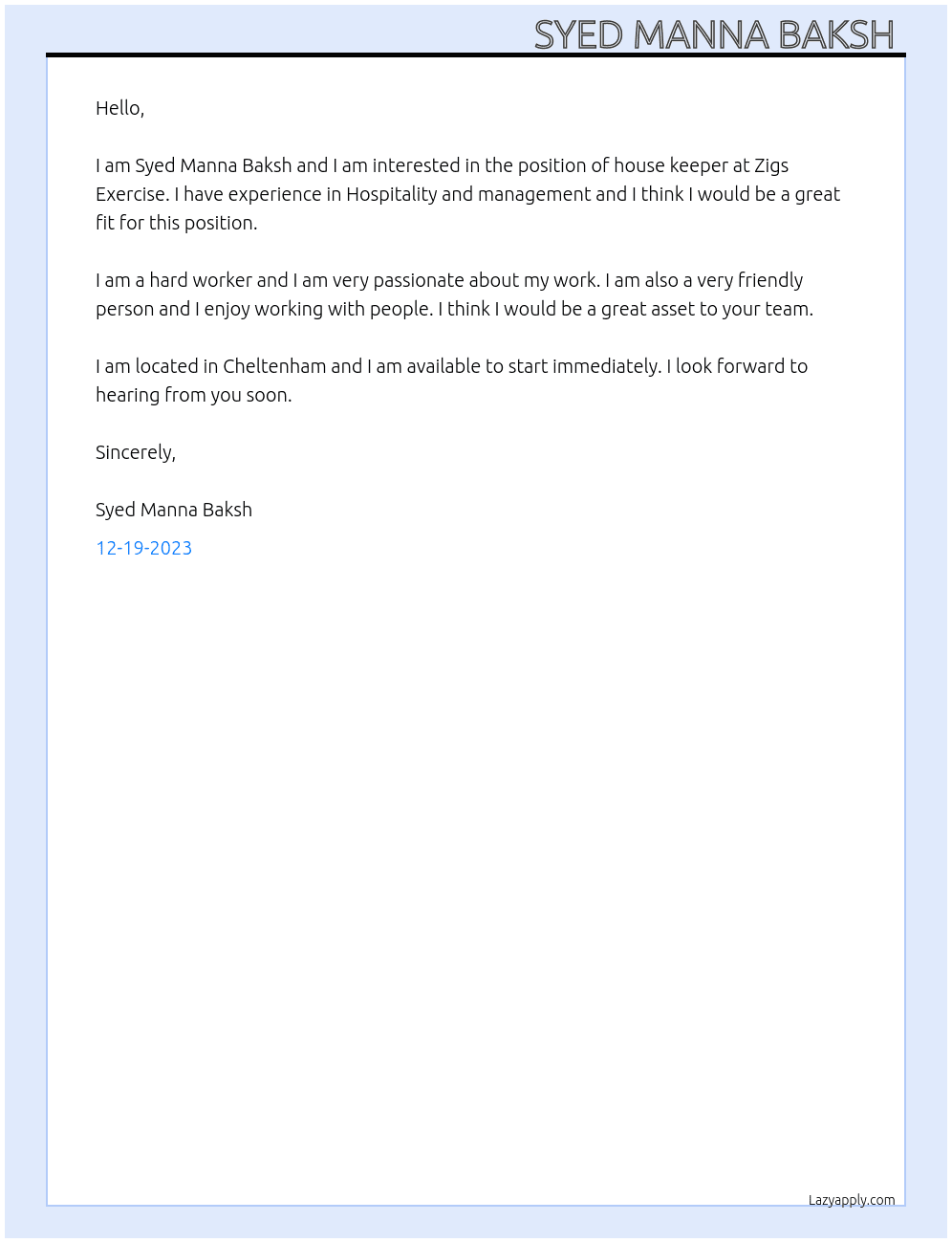 house keeper At Zigs Exercise  Cover Letter