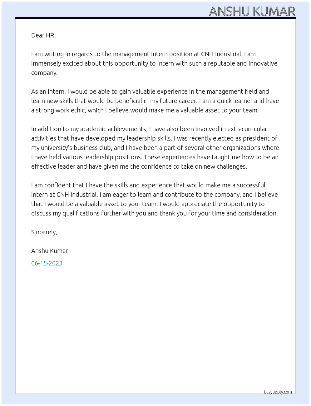 management intern  At CNH Industrial Cover Letter