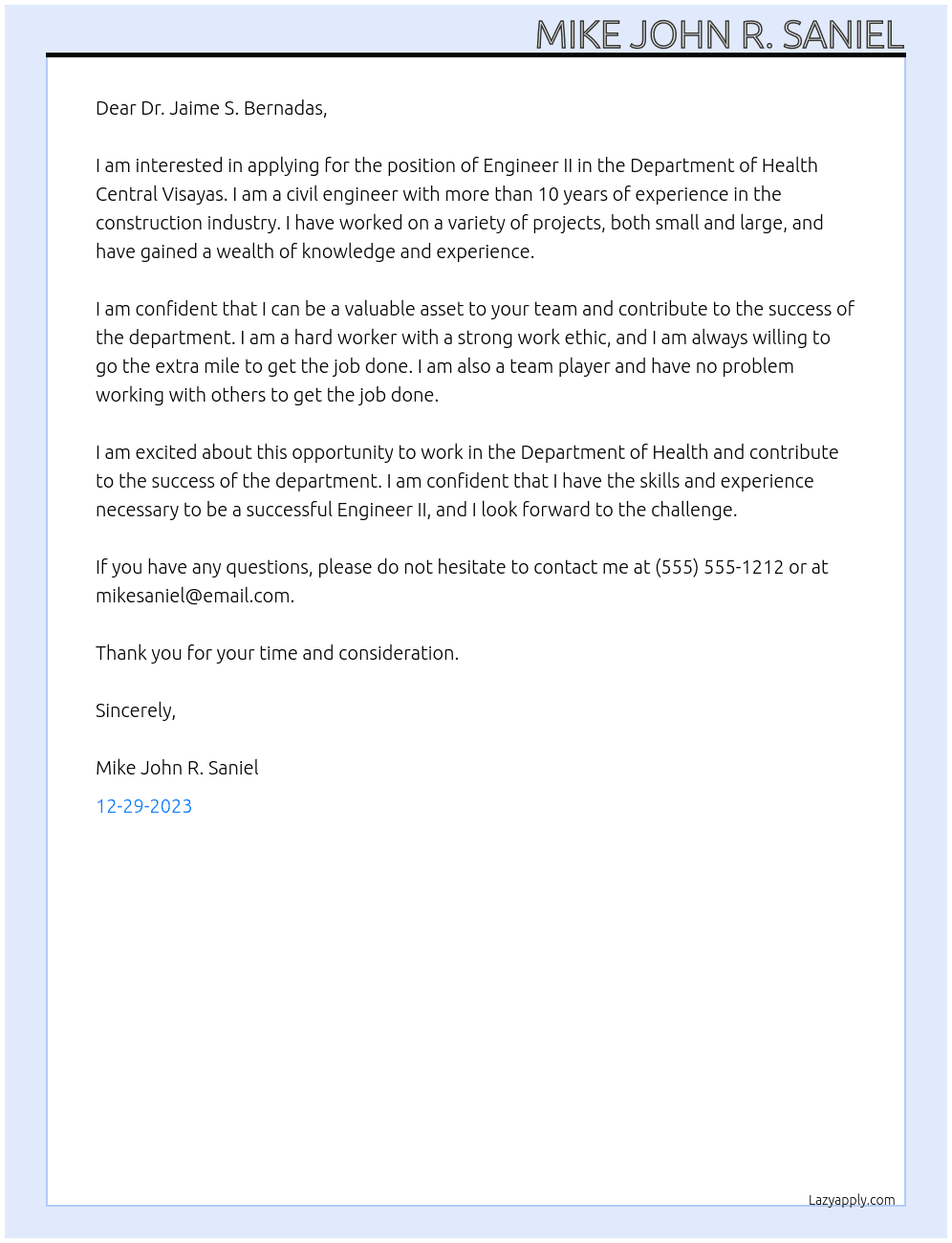 Engineer II At Department of Health Central Visayas Cover Letter