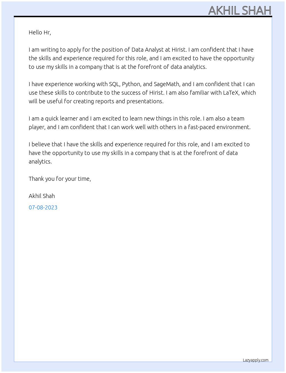 Data analyst  At Hirist Cover Letter