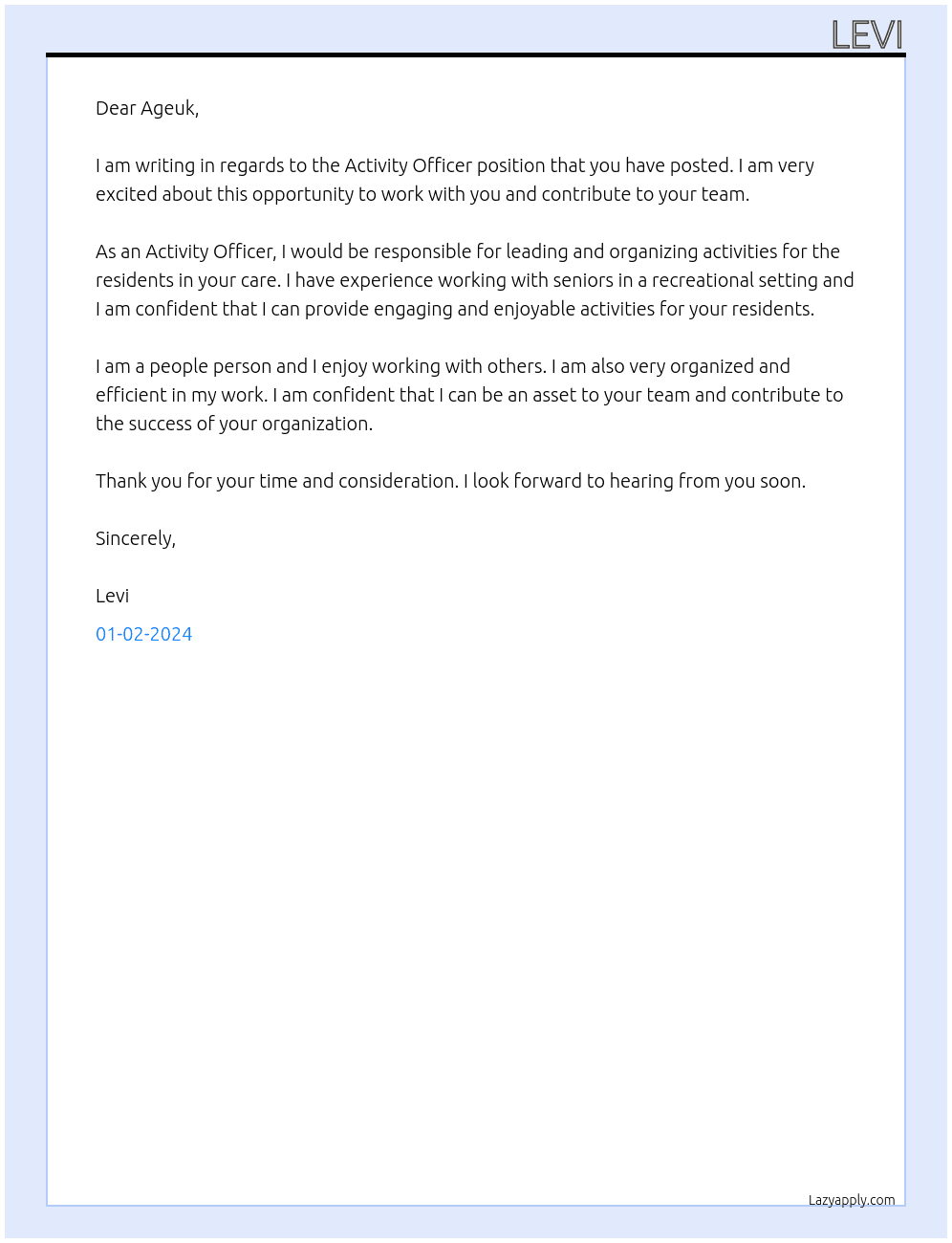 Activity officer At Ageuk Cover Letter