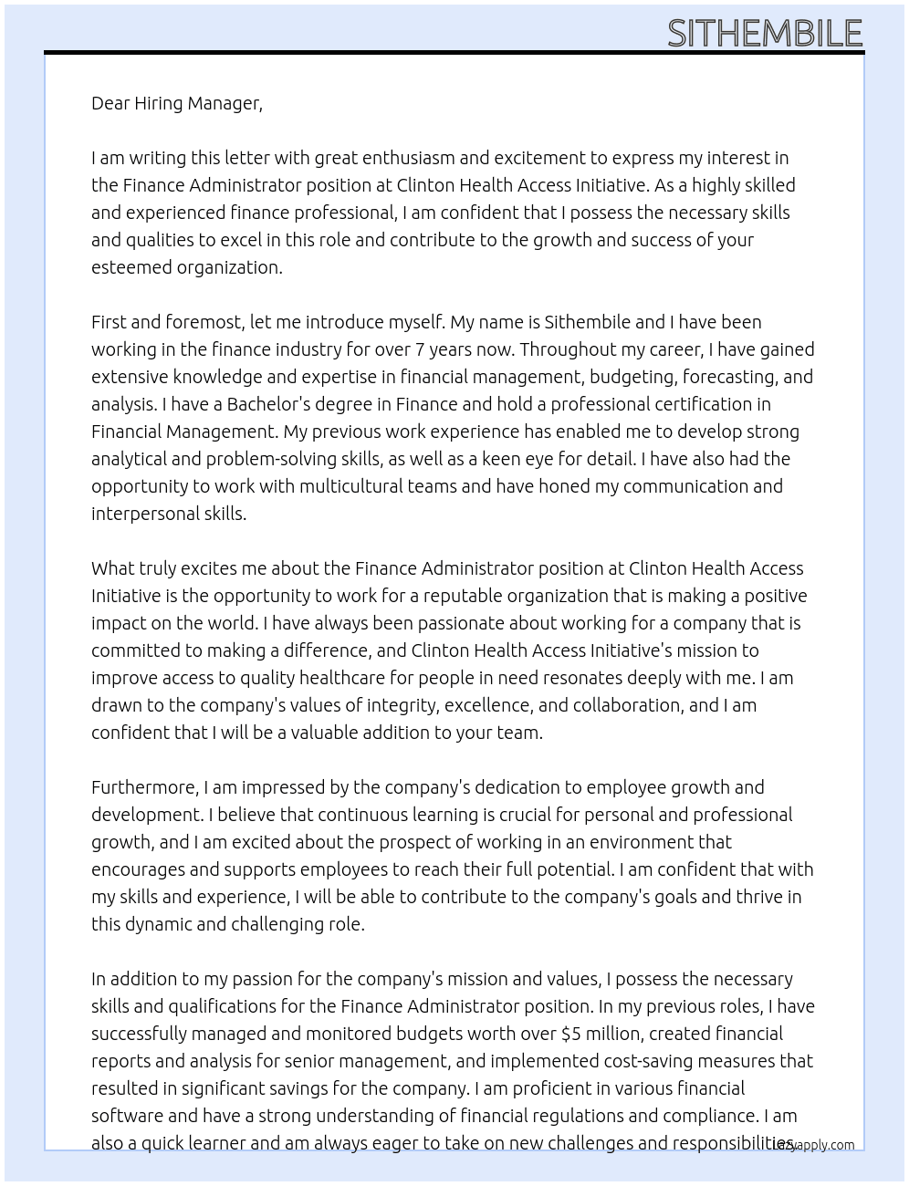 Finance Administrator At Clinton Health Access Initiative  Cover Letter