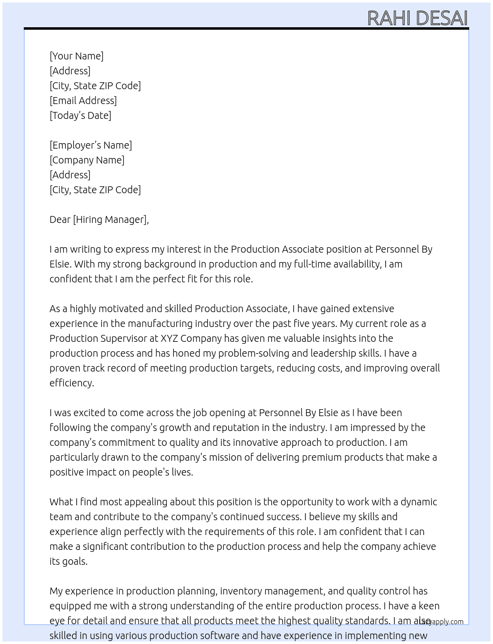 Production Associate with Full time Availability  At Personnel By Elsie Cover Letter