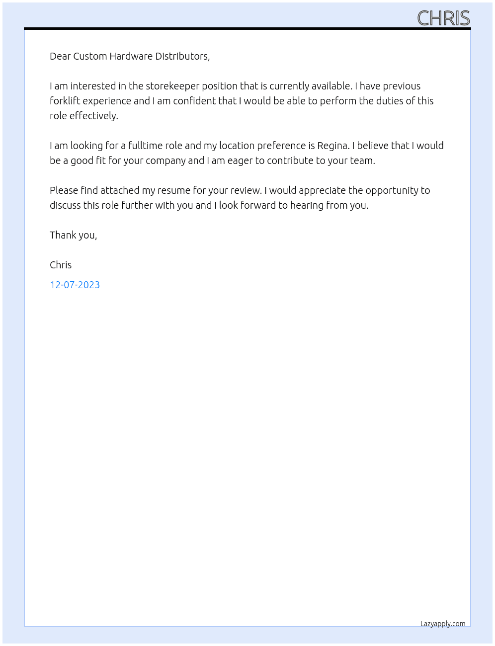 storekeeper At Custom Hardware Distributors Cover Letter