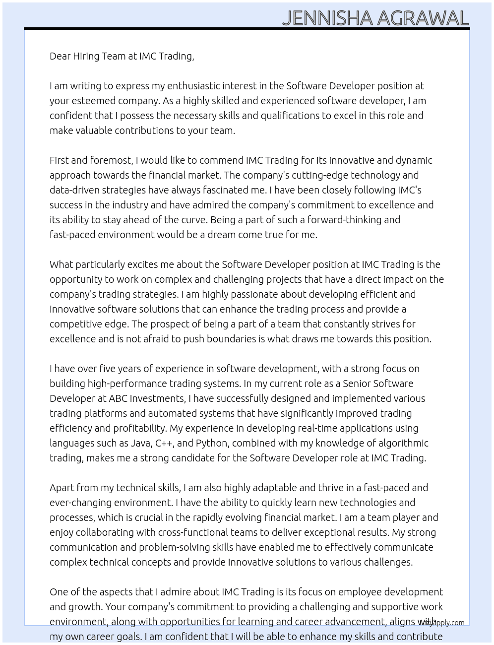Software Developer At IMC trading Cover Letter