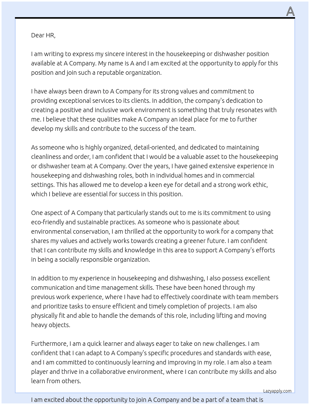 Cover letter for housekeeping or dishwasher - LazyApply